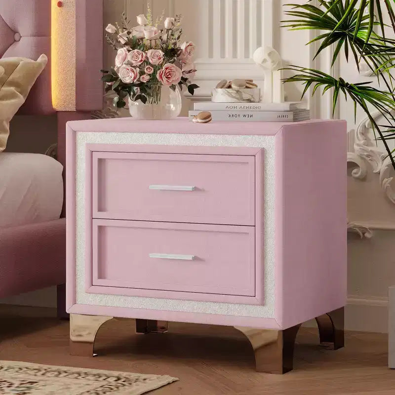 Comodino Mid-Century in Velluto con 2 Cassetti e Bordo Glitter Argento, Rosa
