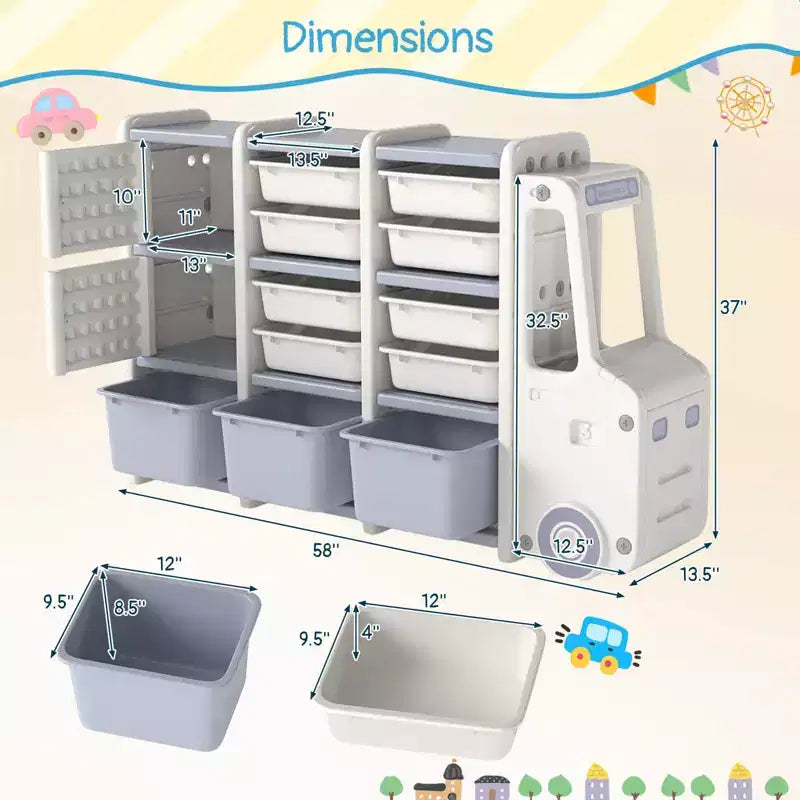 Contenitore Portagiochi per Bambini con 2 Armadietti e 11 Contenitori Rimovibili, Sala Giochi