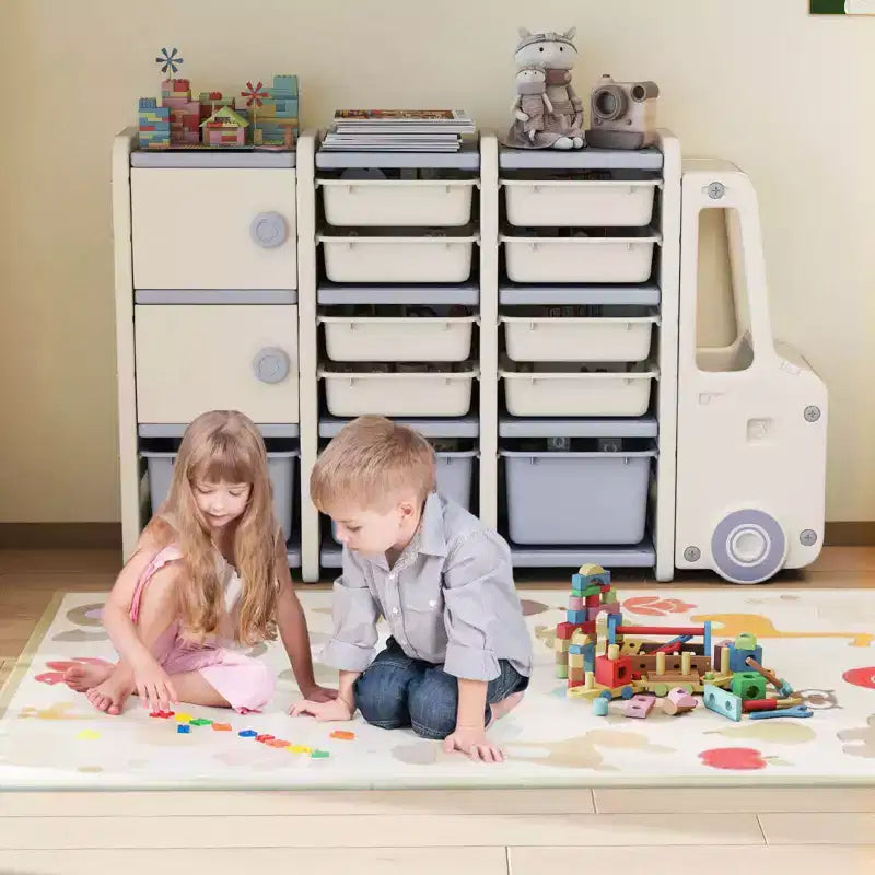 Contenitore Portagiochi per Bambini con 2 Armadietti e 11 Contenitori Rimovibili, Sala Giochi