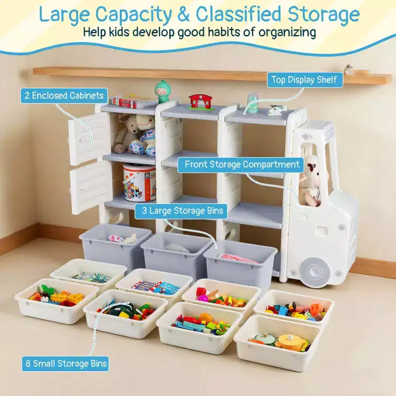 Contenitore Portagiochi per Bambini con 2 Armadietti e 11 Contenitori Rimovibili, Sala Giochi