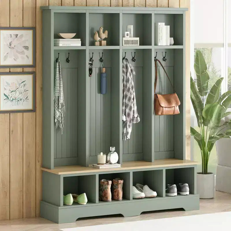 Whisen Farmhouse Hall Tree with 8 Hooks, Entryway Bench with Open Compartments, 3-in-1 Wooden Coat and Shoe Rack