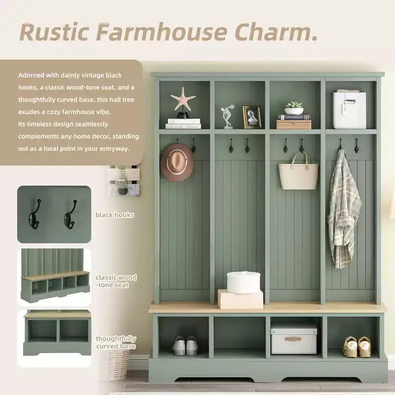 Whisen Farmhouse Hall Tree with 8 Hooks, Entryway Bench with Open Compartments, 3-in-1 Wooden Coat and Shoe Rack