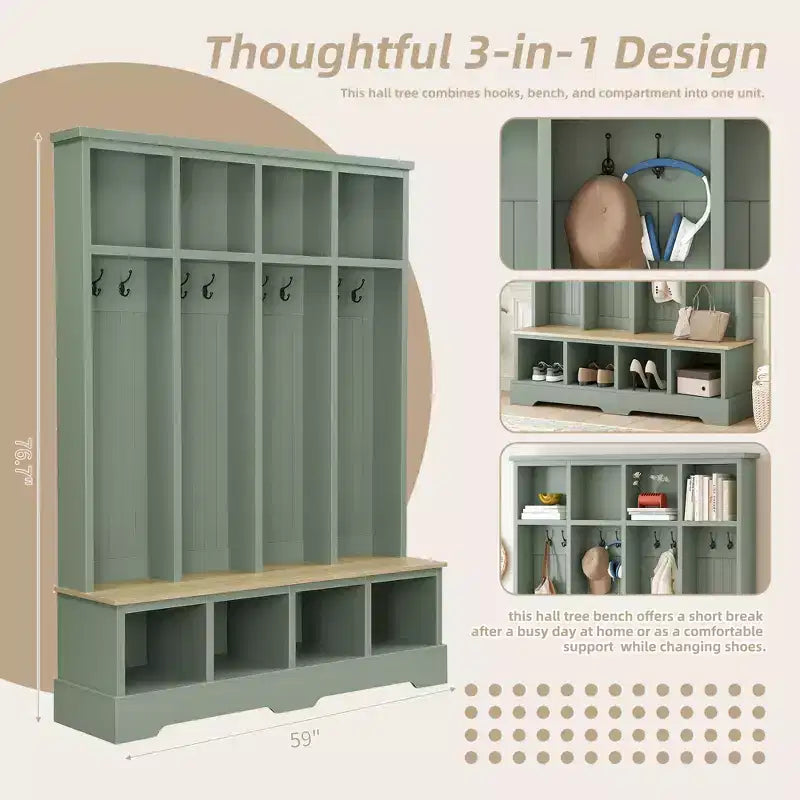 Whisen Farmhouse Hall Tree with 8 Hooks, Entryway Bench with Open Compartments, 3-in-1 Wooden Coat and Shoe Rack