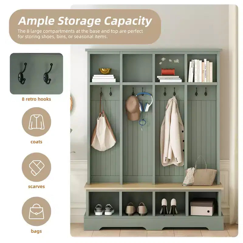 Whisen Farmhouse Hall Tree with 8 Hooks, Entryway Bench with Open Compartments, 3-in-1 Wooden Coat and Shoe Rack