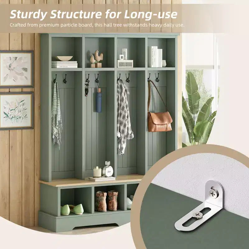 Whisen Farmhouse Hall Tree with 8 Hooks, Entryway Bench with Open Compartments, 3-in-1 Wooden Coat and Shoe Rack