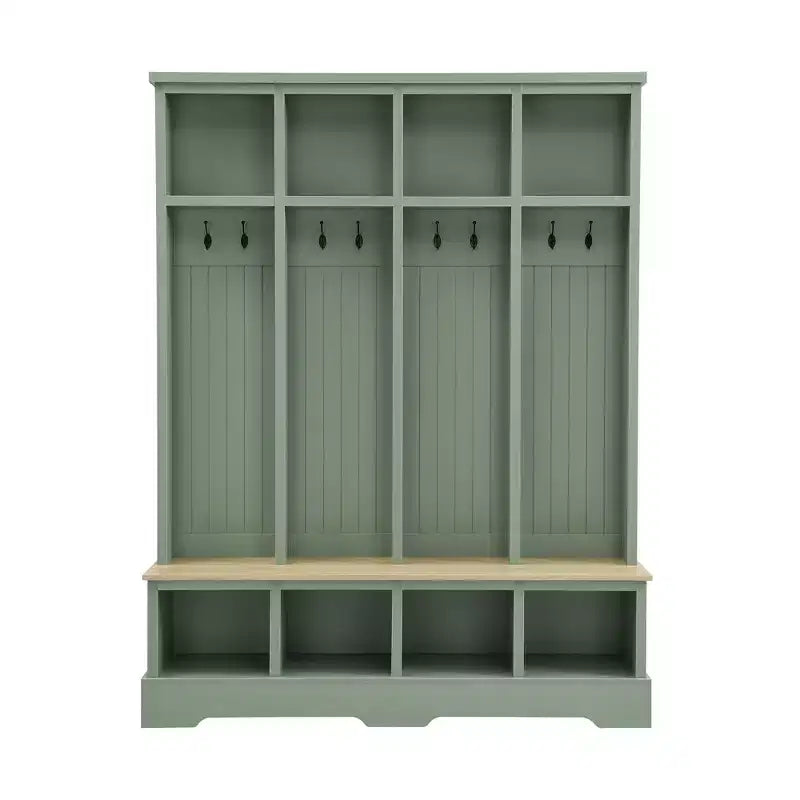 Whisen Farmhouse Hall Tree with 8 Hooks, Entryway Bench with Open Compartments, 3-in-1 Wooden Coat and Shoe Rack