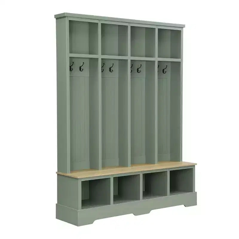 Whisen Farmhouse Hall Tree with 8 Hooks, Entryway Bench with Open Compartments, 3-in-1 Wooden Coat and Shoe Rack