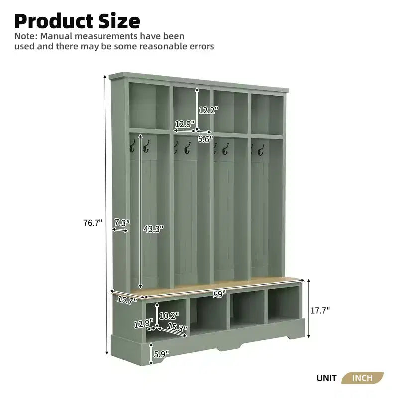 Whisen Farmhouse Hall Tree with 8 Hooks, Entryway Bench with Open Compartments, 3-in-1 Wooden Coat and Shoe Rack