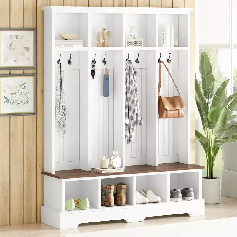Whisen Farmhouse Hall Tree with 8 Hooks, Entryway Bench with Open Compartments, 3-in-1 Wooden Coat and Shoe Rack
