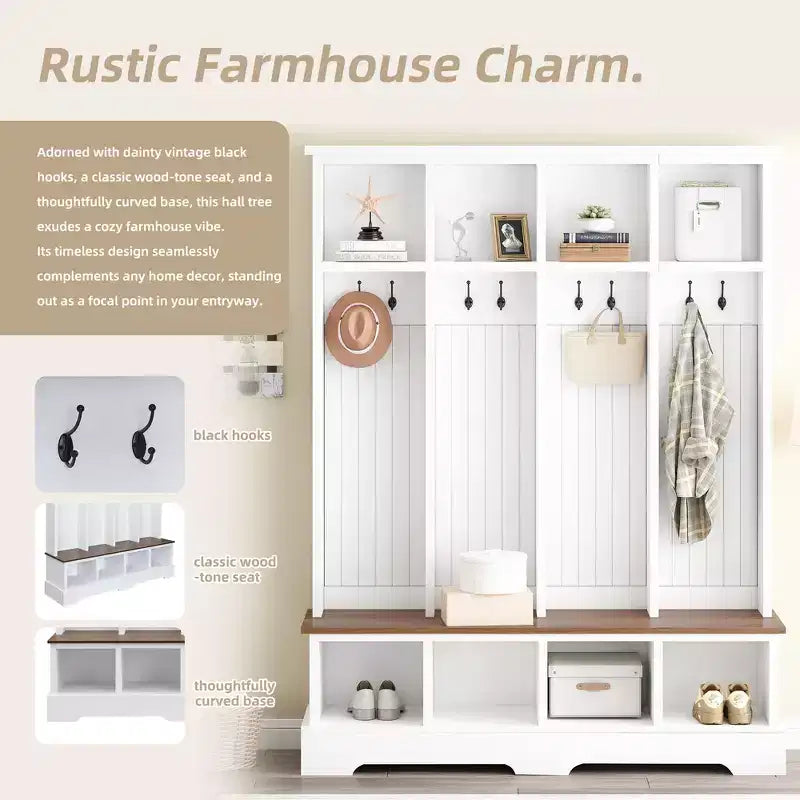 Whisen Farmhouse Hall Tree with 8 Hooks, Entryway Bench with Open Compartments, 3-in-1 Wooden Coat and Shoe Rack