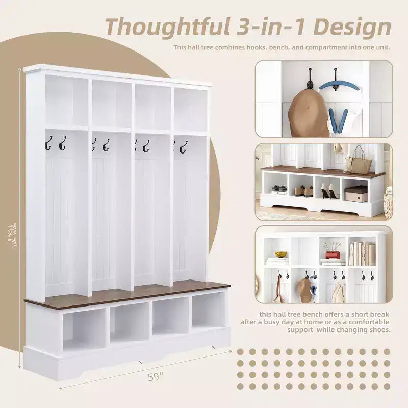 Whisen Farmhouse Hall Tree with 8 Hooks, Entryway Bench with Open Compartments, 3-in-1 Wooden Coat and Shoe Rack