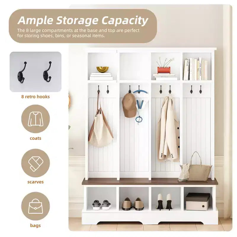 Whisen Farmhouse Hall Tree with 8 Hooks, Entryway Bench with Open Compartments, 3-in-1 Wooden Coat and Shoe Rack