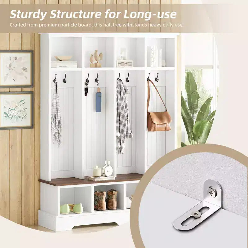 Whisen Farmhouse Hall Tree with 8 Hooks, Entryway Bench with Open Compartments, 3-in-1 Wooden Coat and Shoe Rack