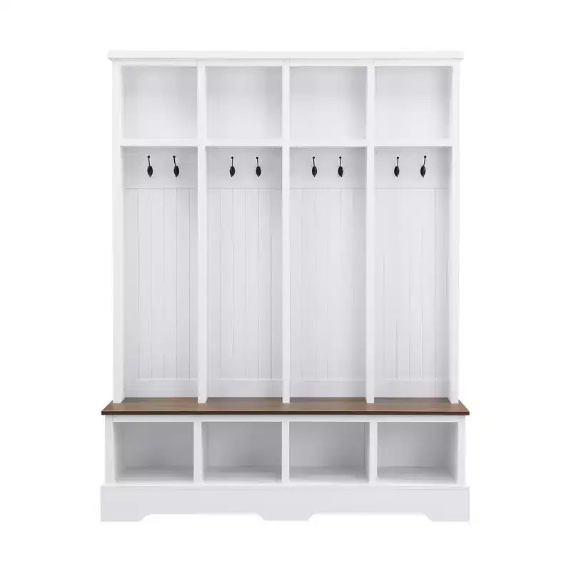 Whisen Farmhouse Hall Tree with 8 Hooks, Entryway Bench with Open Compartments, 3-in-1 Wooden Coat and Shoe Rack