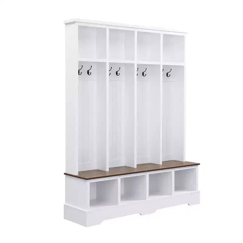 Whisen Farmhouse Hall Tree with 8 Hooks, Entryway Bench with Open Compartments, 3-in-1 Wooden Coat and Shoe Rack