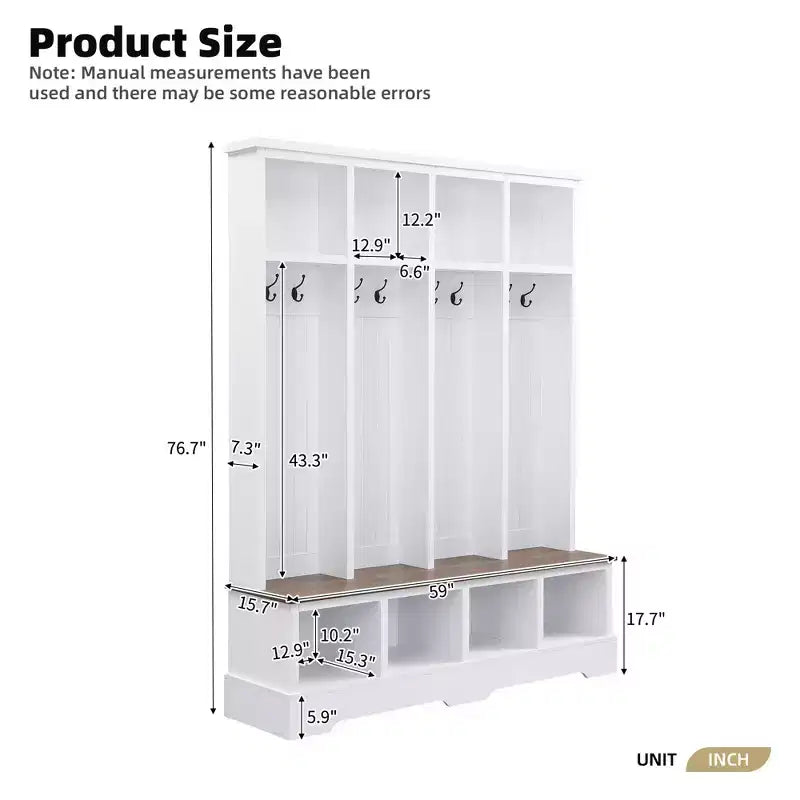 Whisen Farmhouse Hall Tree with 8 Hooks, Entryway Bench with Open Compartments, 3-in-1 Wooden Coat and Shoe Rack