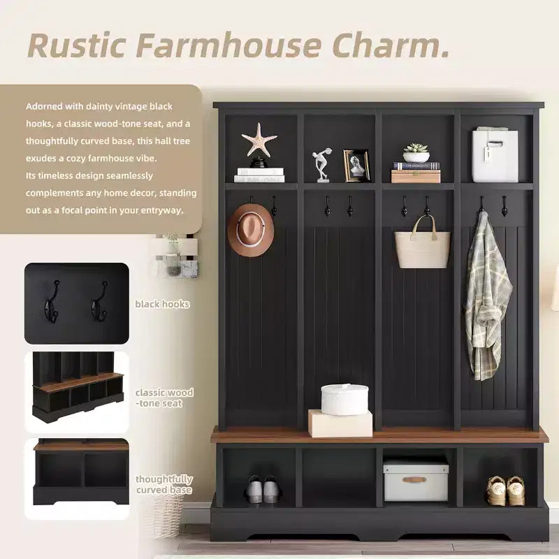 Whisen Farmhouse Hall Tree with 8 Hooks, Entryway Bench with Open Compartments, 3-in-1 Wooden Coat and Shoe Rack