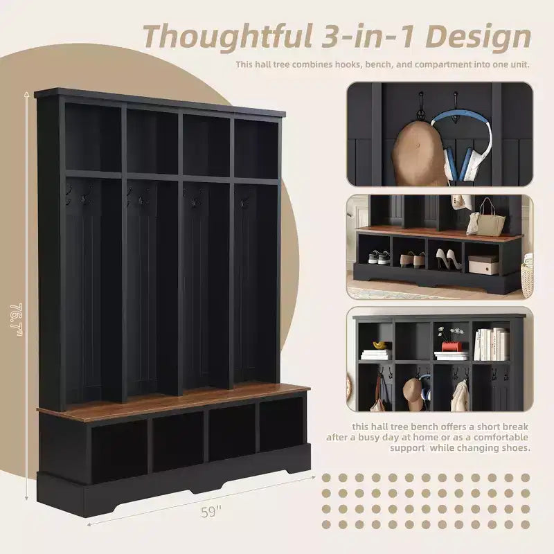 Whisen Farmhouse Hall Tree with 8 Hooks, Entryway Bench with Open Compartments, 3-in-1 Wooden Coat and Shoe Rack