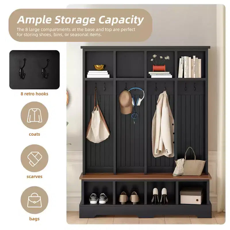 Whisen Farmhouse Hall Tree with 8 Hooks, Entryway Bench with Open Compartments, 3-in-1 Wooden Coat and Shoe Rack