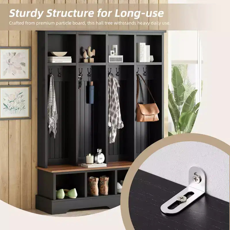 Whisen Farmhouse Hall Tree with 8 Hooks, Entryway Bench with Open Compartments, 3-in-1 Wooden Coat and Shoe Rack