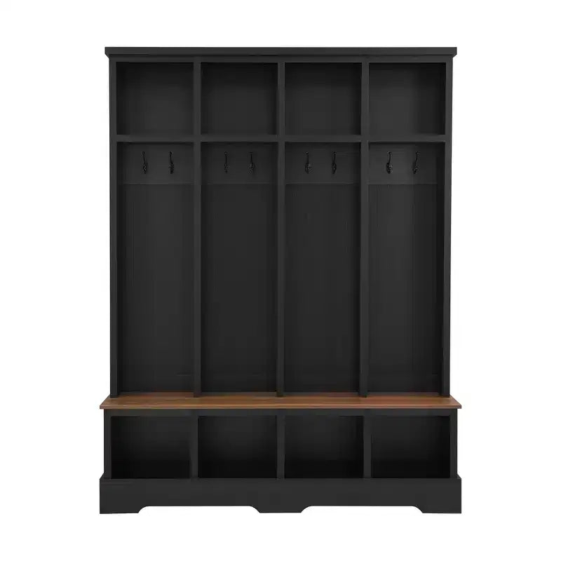 Whisen Farmhouse Hall Tree with 8 Hooks, Entryway Bench with Open Compartments, 3-in-1 Wooden Coat and Shoe Rack