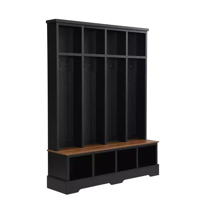 Whisen Farmhouse Hall Tree with 8 Hooks, Entryway Bench with Open Compartments, 3-in-1 Wooden Coat and Shoe Rack