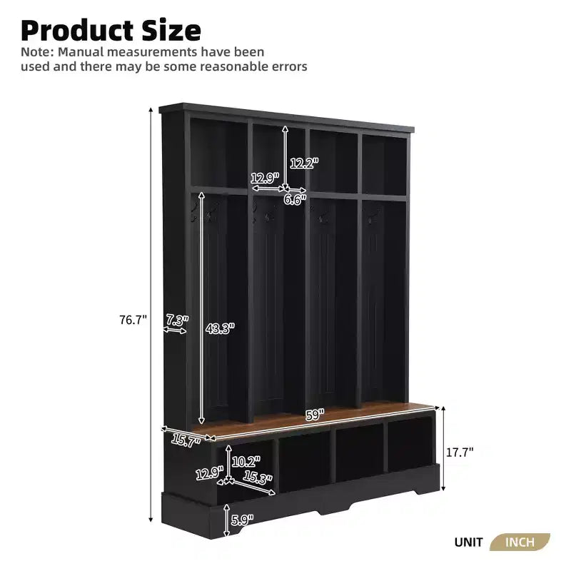 Whisen Farmhouse Hall Tree with 8 Hooks, Entryway Bench with Open Compartments, 3-in-1 Wooden Coat and Shoe Rack
