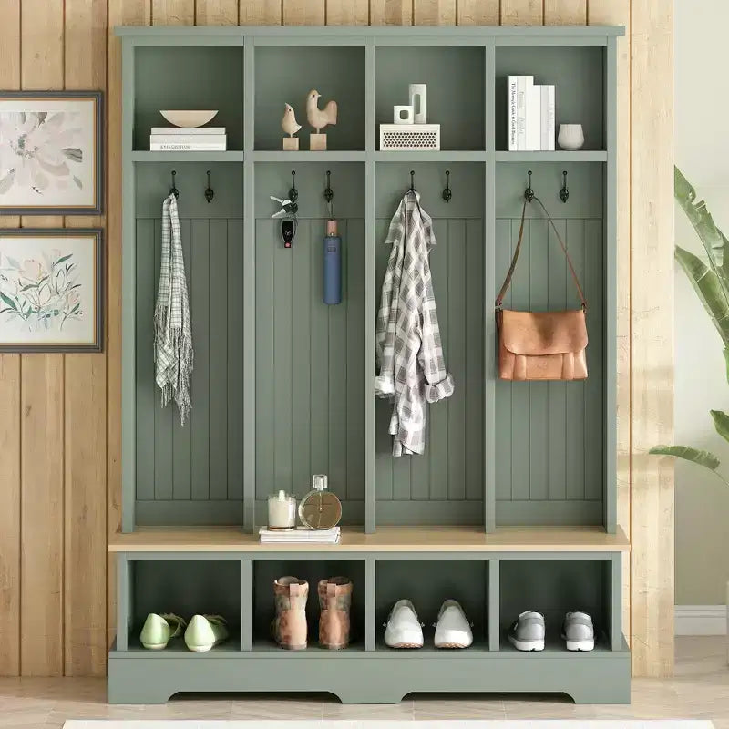 Whisen Farmhouse Hall Tree with 8 Hooks, Entryway Bench with Open Compartments, 3-in-1 Wooden Coat and Shoe Rack