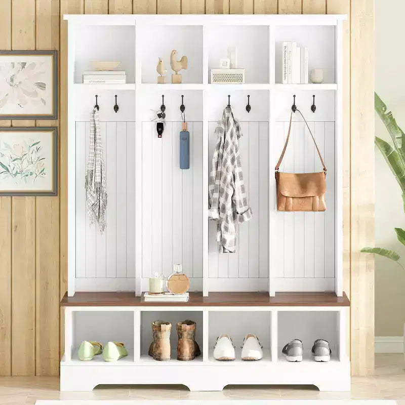 Whisen Farmhouse Hall Tree with 8 Hooks, Entryway Bench with Open Compartments, 3-in-1 Wooden Coat and Shoe Rack