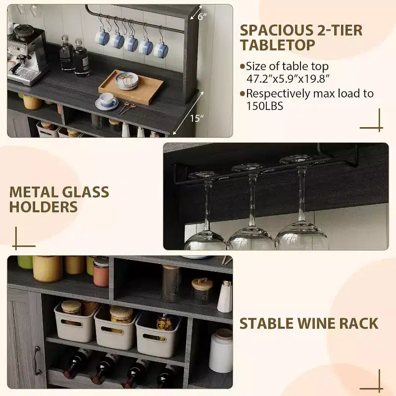 Mobile bar nero moderno con portabottiglie, ripiani regolabili e portacalici
