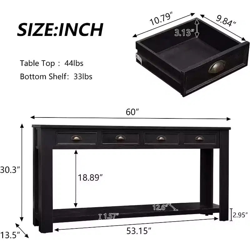 Console da Ingresso da 60" con 4 Cassetti, Tavolo d'Appoggio Rustico Nero