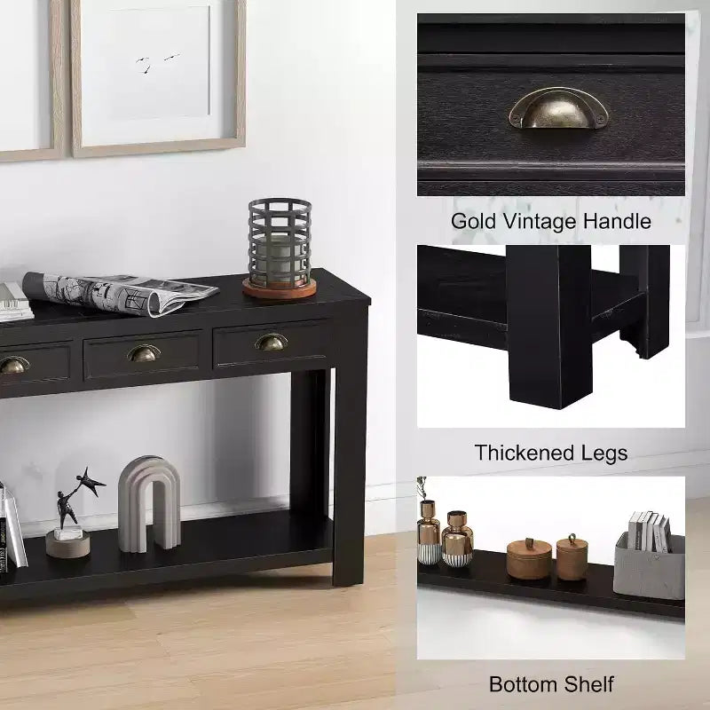 Console da Ingresso da 60" con 4 Cassetti, Tavolo d'Appoggio Rustico Nero
