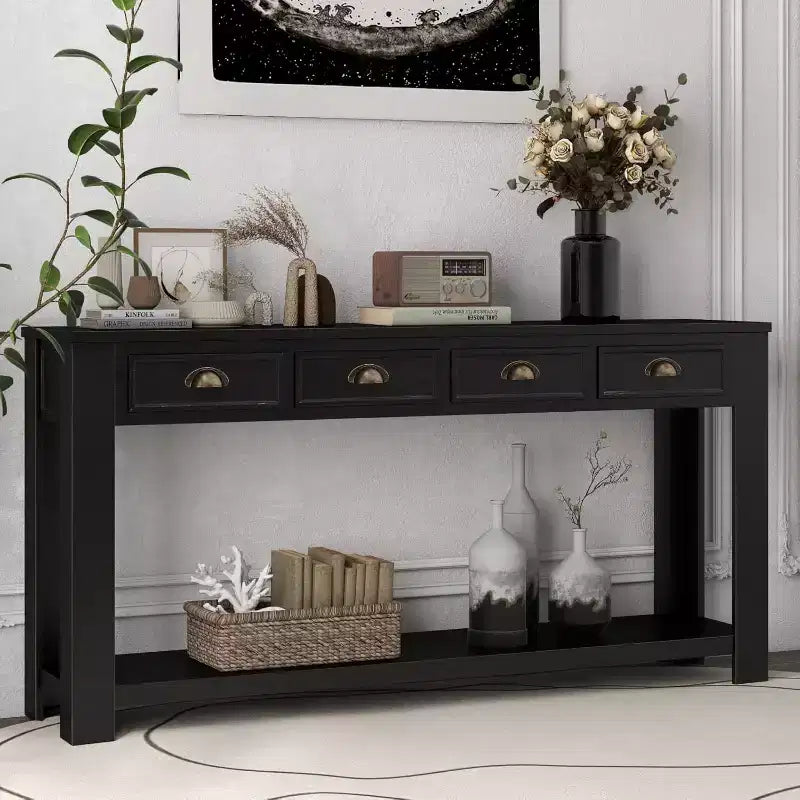 Console da Ingresso da 60" con 4 Cassetti, Tavolo d'Appoggio Rustico Nero