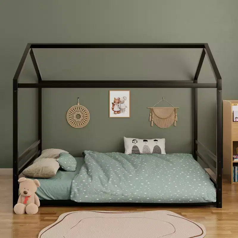 Struttura per letto a terra Montessori per materasso singolo/una piazza e mezza, letto basso in metallo a forma di casetta con sponde di sicurezza