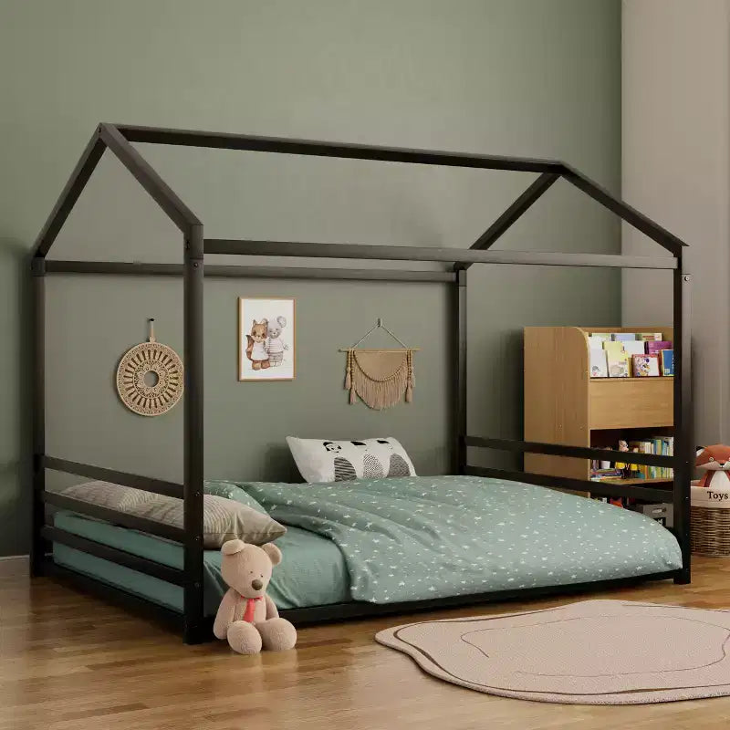 Struttura per letto a terra Montessori per materasso singolo/una piazza e mezza, letto basso in metallo a forma di casetta con sponde di sicurezza