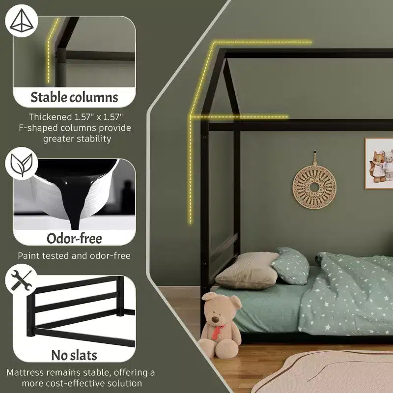 Struttura per letto a terra Montessori per materasso singolo/una piazza e mezza, letto basso in metallo a forma di casetta con sponde di sicurezza