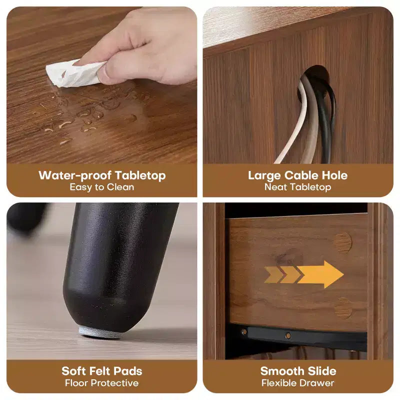 Comodino scanalato in stile moderno di metà secolo da 50 cm con cassetti e vano a giorno, Noce