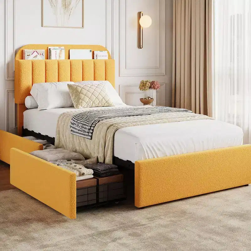 Struttura letto matrimoniale con testiera contenitore, 2 cassetti e libreria rivestita in tessuto Boucle