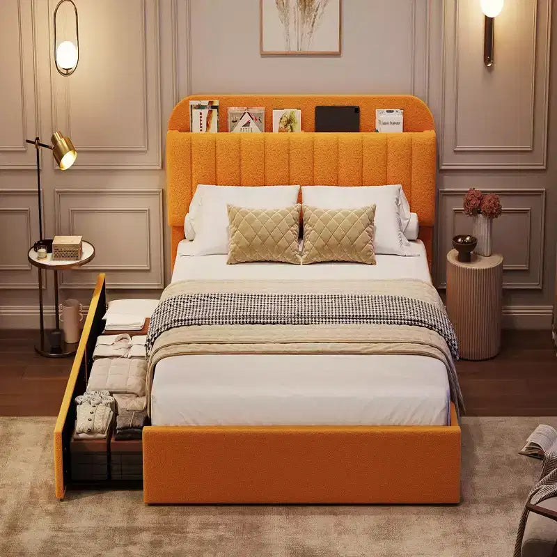 Struttura letto matrimoniale con testiera contenitore, 2 cassetti e libreria rivestita in tessuto Boucle