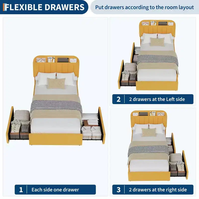 Struttura letto matrimoniale con testiera contenitore, 2 cassetti e libreria rivestita in tessuto Boucle