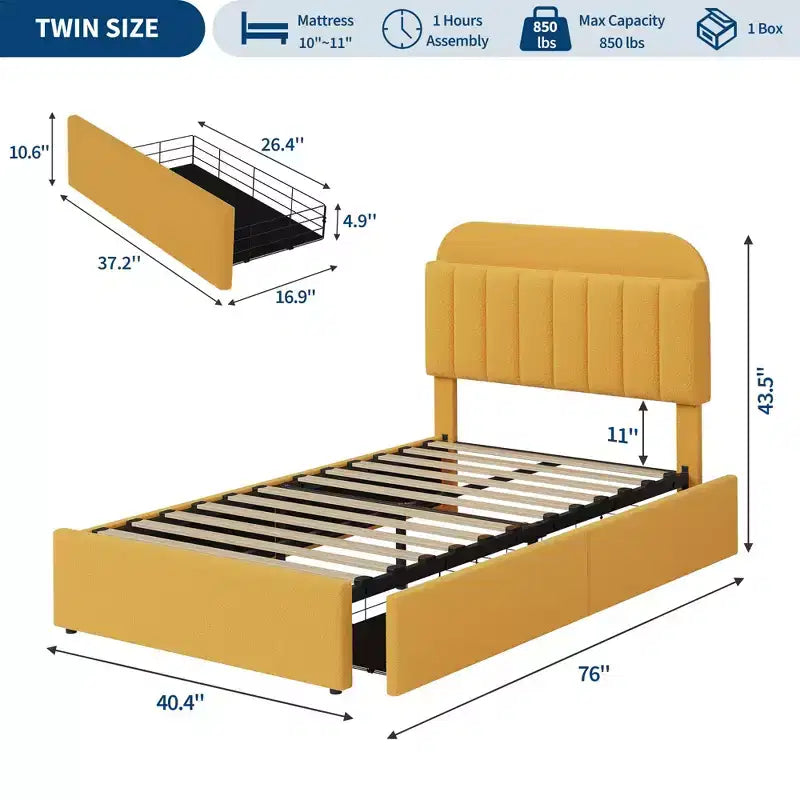 Struttura letto matrimoniale con testiera contenitore, 2 cassetti e libreria rivestita in tessuto Boucle