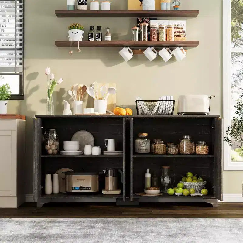 Madia credenza con 4 ante scanalate e ripiani regolabili, Mobile Bar Caffè