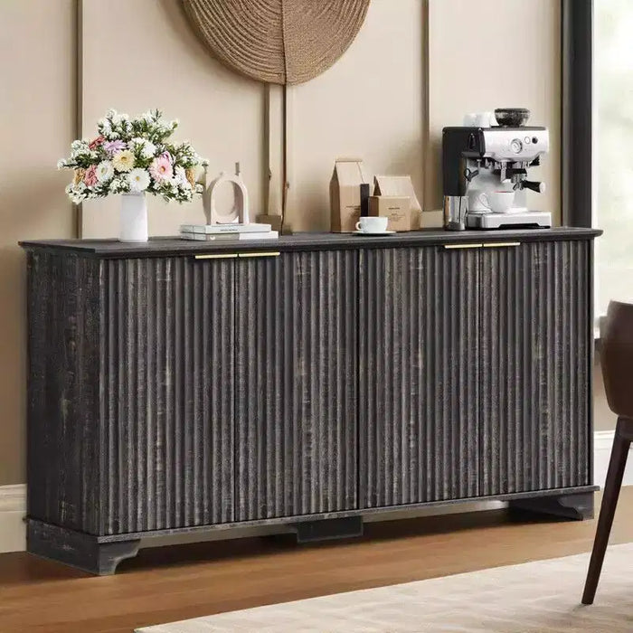 Coolmee Sideboard Buffet Cabinet with 4 Fluted Doors, Kitchen Cupboard Storage with Adjustable Shelves, Coffee Bar Cabinet for Home, Dining Room