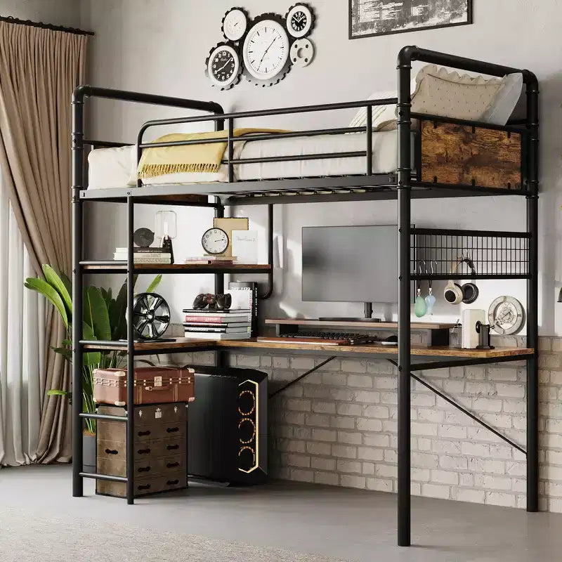 Twin Metal Loft Bed with Desk and Shelves for Teens Adult, Loft Bed Frame with Built-in Ladders, Space-Saving, Safety Guard & Ladder, Noise Free