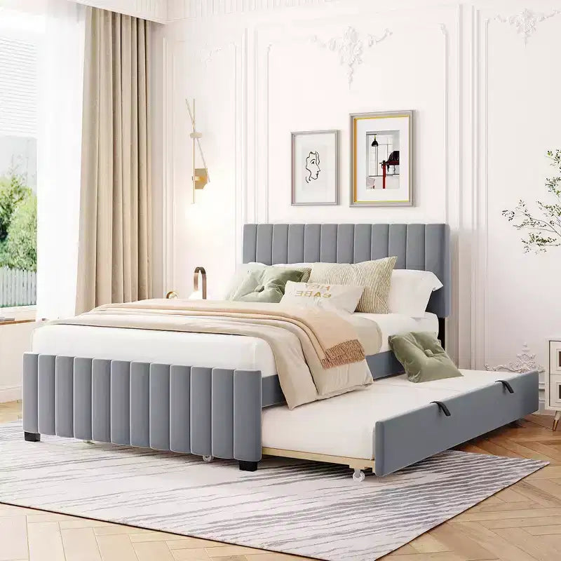 Bellemave Full Bed Frame with Trundle Bed,Velvet Upholstered Platform Bed Frame,Full Size Trundle Bed with Headboard for Kids Teens Adults (Gray)