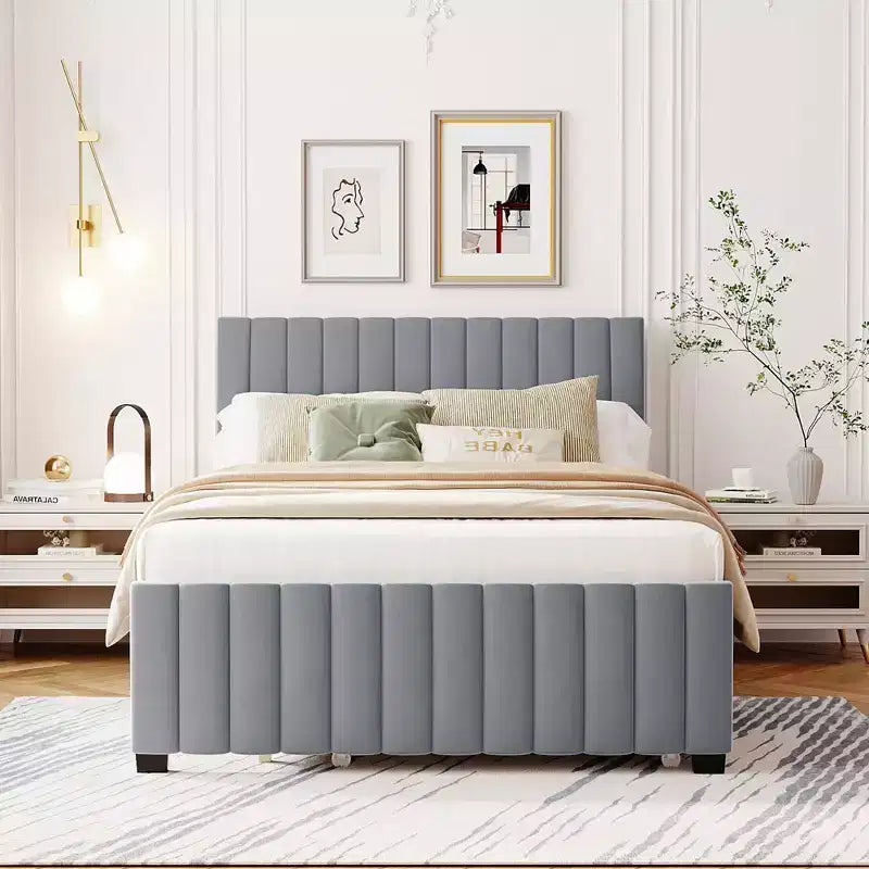 Struttura Letto Matrimoniale con Letto Estraibile, Letto a Piattaforma Imbottito in Velluto con Testiera, Grigio