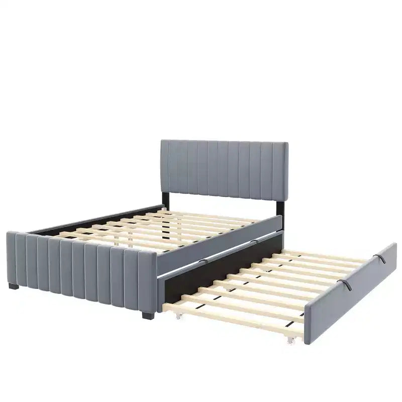 Struttura Letto Matrimoniale con Letto Estraibile, Letto a Piattaforma Imbottito in Velluto con Testiera, Grigio