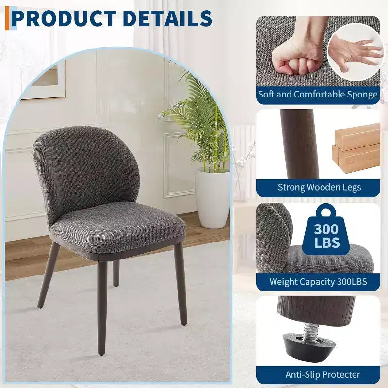 Lot de 2 chaises de salle à manger, pieds en bois, assise en tissu confortable, convient pour la salle à manger, la cuisine, le salon, installation facile