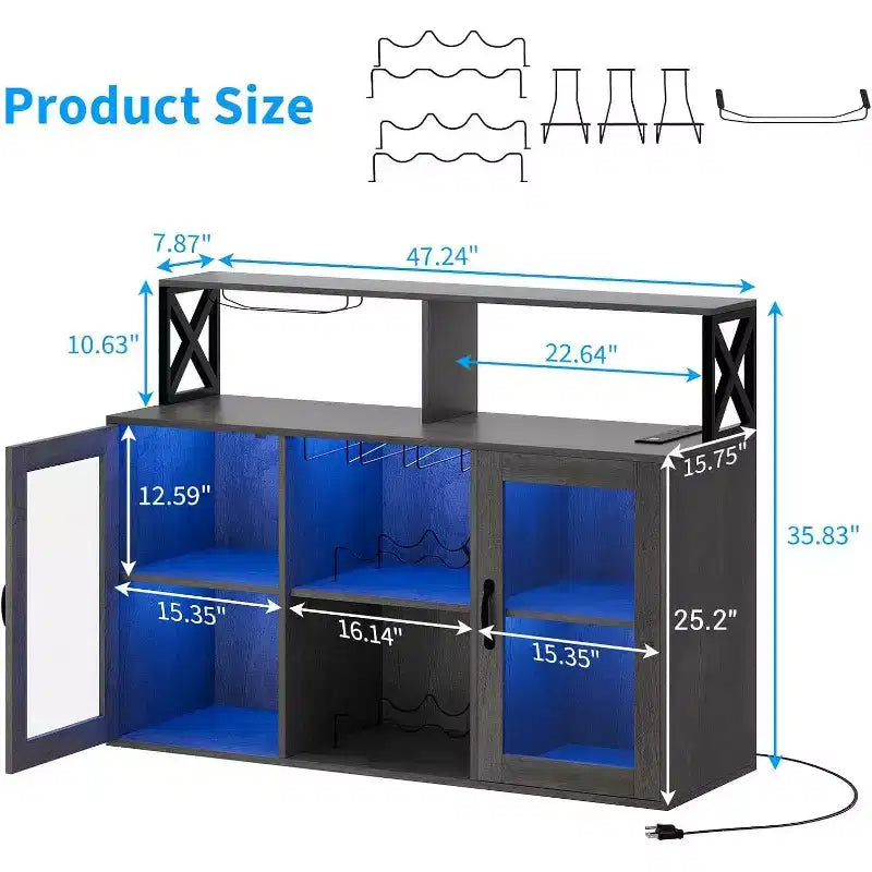 Mobile Bar Autoportante con Luce a LED, Prese di Corrente, Portabottiglie e Portabicchieri