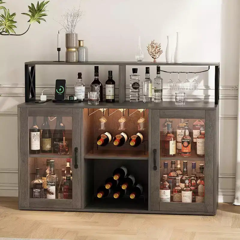 Mobile Bar Autoportante con Luce a LED, Prese di Corrente, Portabottiglie e Portabicchieri